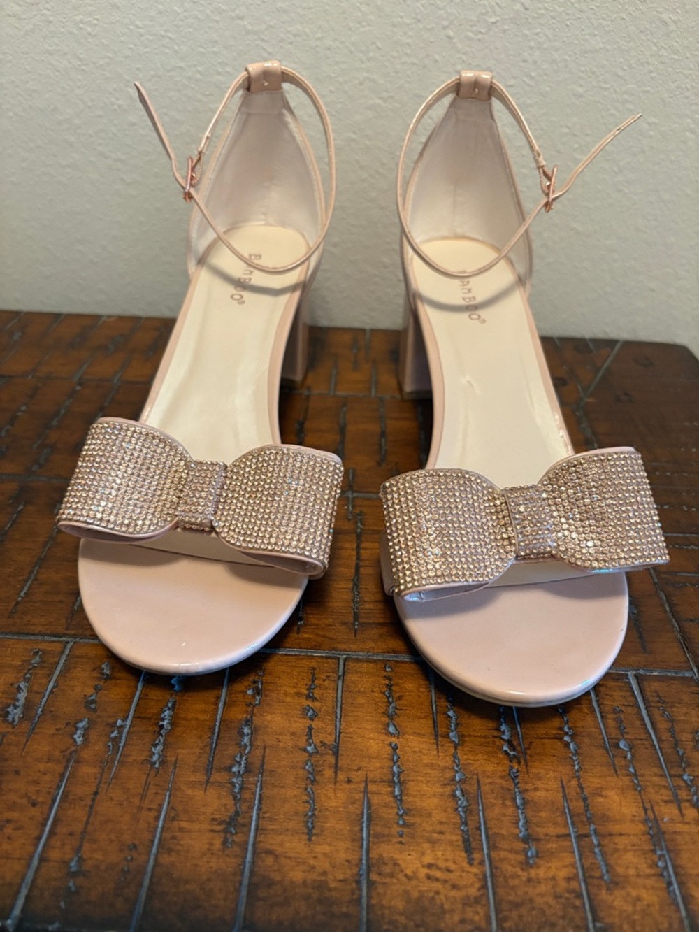 BAMBOO Nude/Tan Jeweled Bow Ankle-Strap Block Heels - Picture 7 of 7